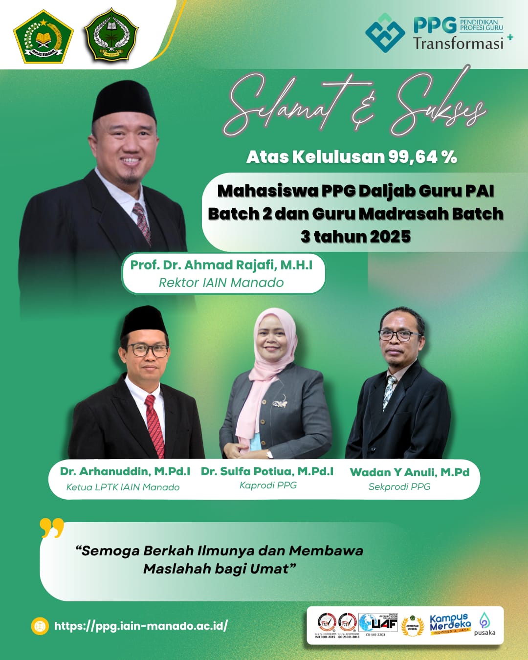 Hampir Sempurna! Kelulusan PPG IAIN Manado Capai 99,64%